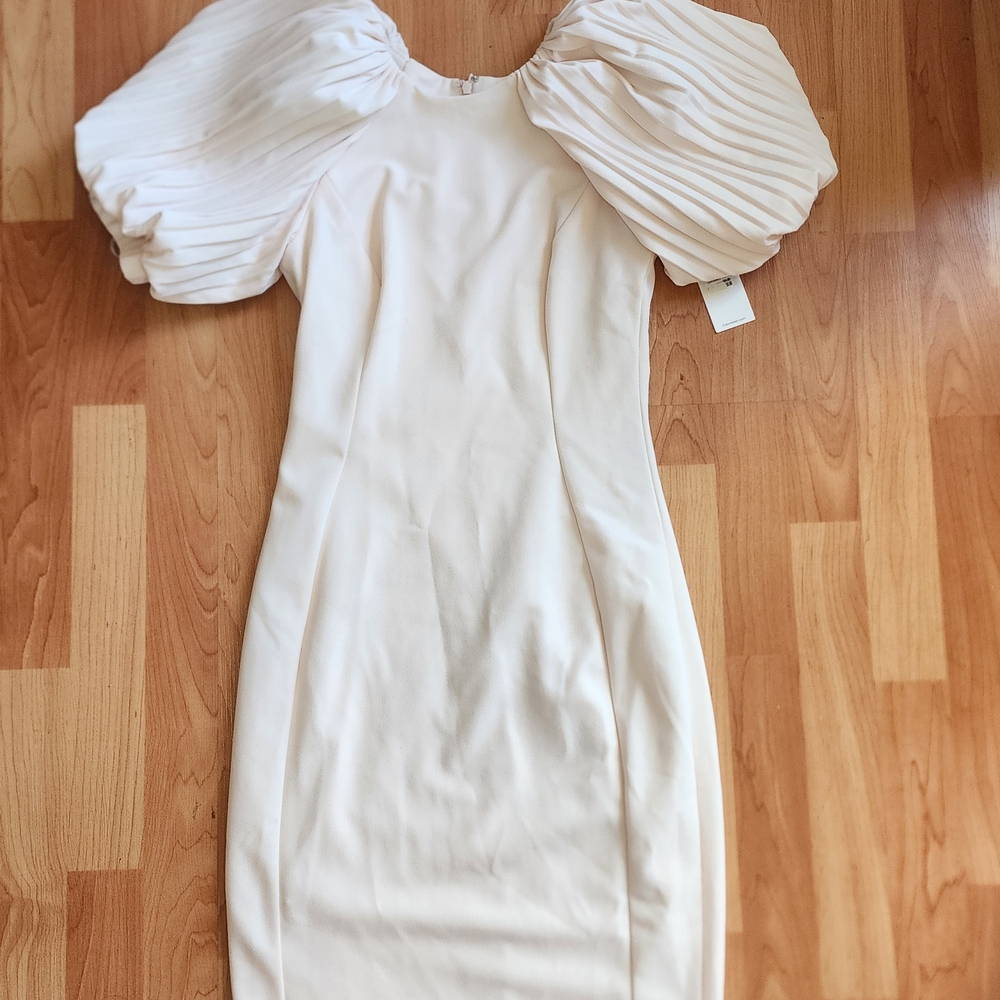 Calvin Klein Cream Midi Dress with Pleated Puff Sleeves